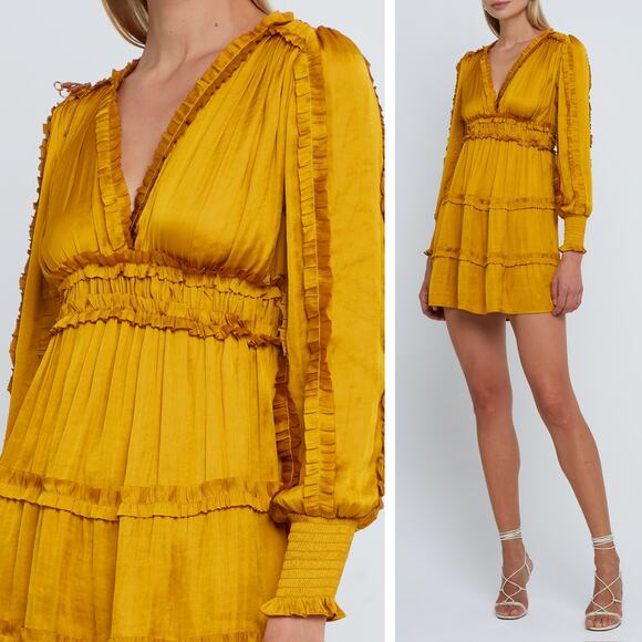 o.p.t Dresses & Skirts - O.P.T. Feminine Modern Tianna Gold Pleated Ruffle Tiered Silky Mini Dress M